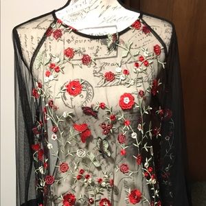 Black Sheer red, green, cream embroidered flowers